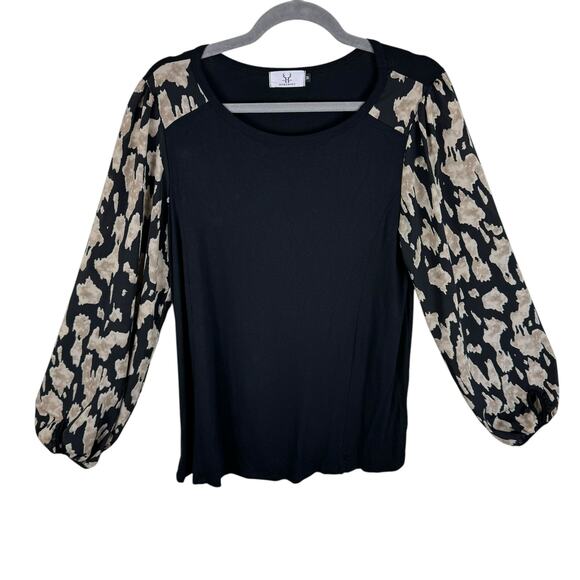 Homebody Black Leopard Print Long Balloon Sleeve Stretchy Pullover Blouse Size M - Picture 1 of 5